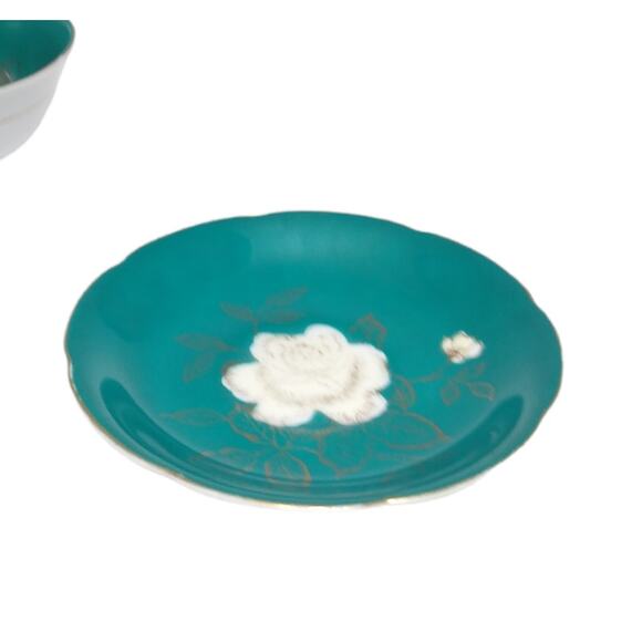 Teal Gold Rose Pattern Footed Teacup And Saucer Set - Picture 7 of 7